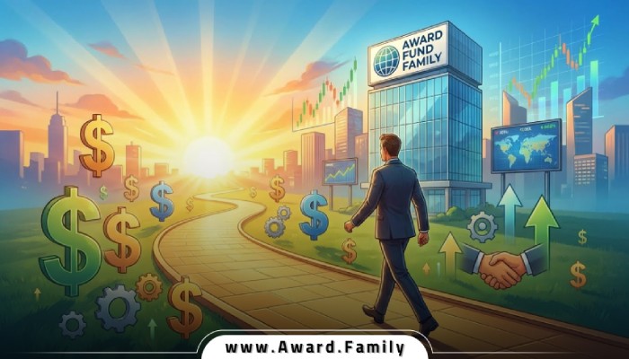 مسیر هموار به سمت آینده مالی روشن، با نمادهای دلار و فرصت‌های تجاری، فرد در حال قدم زدن بدون مانع، پس‌زمینه بازارهای جهانی و ساختمان شرکت اوارد.